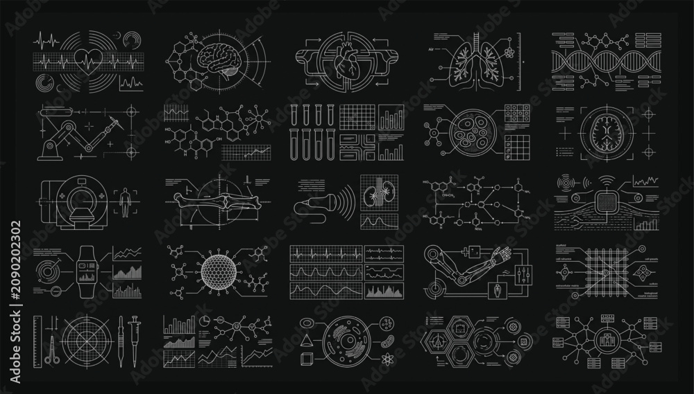 Foto Biological and medical tech graphics set with technology graphics interface diag