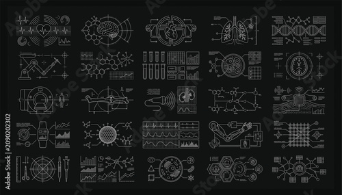 Canvastavla Biological and medical tech graphics set with technology graphics interface diag