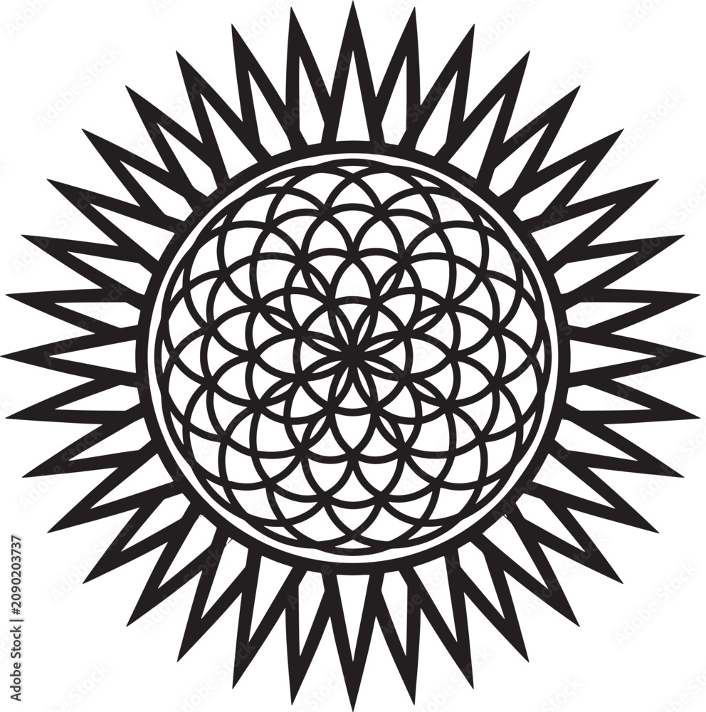 Fototapeta premium Black and white of a sun symbol with a geometric flower of life pattern inside and sharp rays on a white background