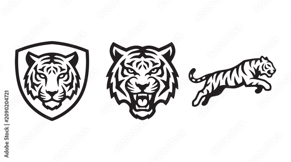 Αυτοκόλλητο Set of Professional Tiger Mascot Logos with Shield, Roaring Head, and Jumping Wi