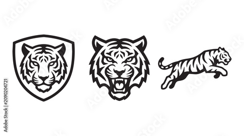 Canvas Print Set of Professional Tiger Mascot Logos with Shield, Roaring Head, and Jumping Wi