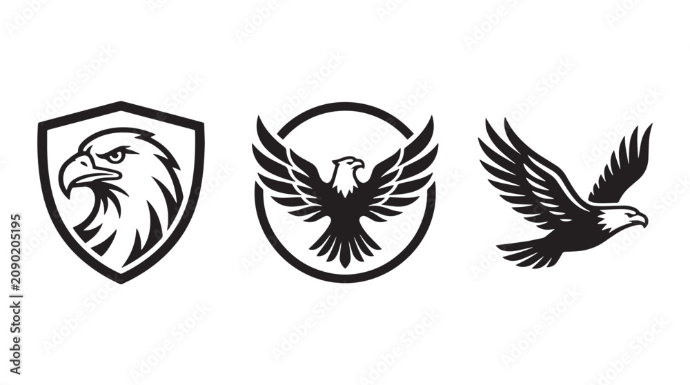 Obraz premium Eagle Mascot Logo Collection with Flying Hawk Icons Shield Badge and Circular Emblem Vector Set