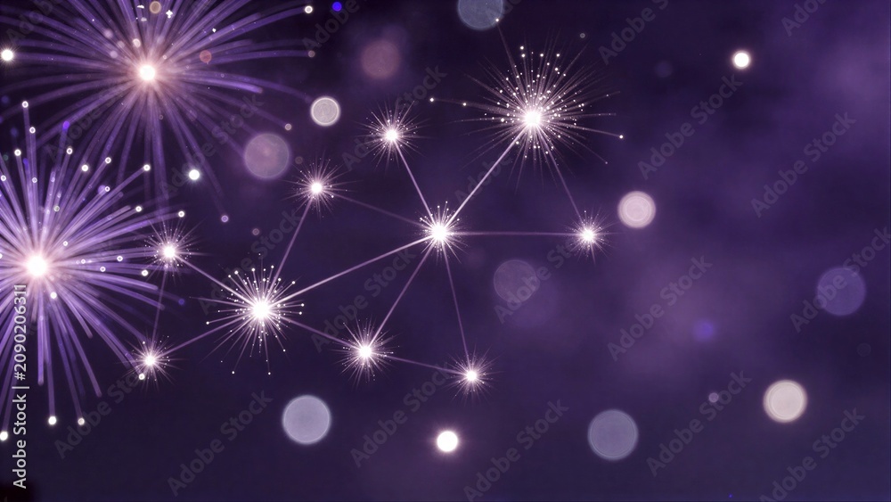 Fototapeta premium Purple fireworks burst in a magical, starry night sky with glowing light trails.