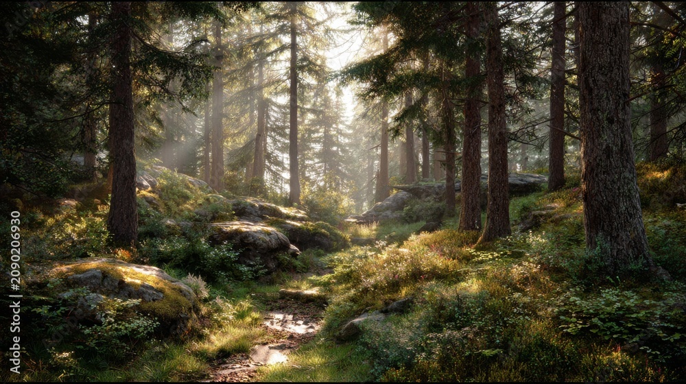 Fototapeta premium Early morning sunlight streaming through a peaceful forest woodland with warm golden rays illuminating lush trees, natural wilderness landscape, serene nature scenery, tranquil outdoor environment, fr