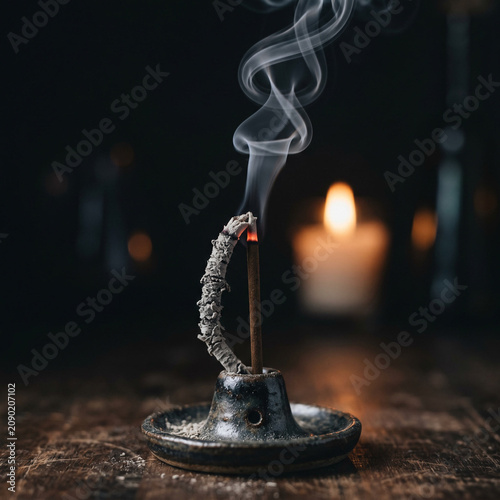 Burning Incense Stick and Candle Smoke with Soft Bokeh Background, Meditation and Relaxation