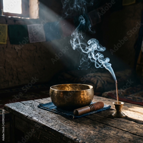 Tibetan Singing Bowl & Incense Smoke in Rustic Room, Meditation & Zen