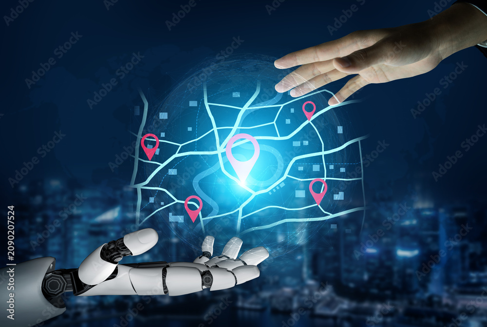 Fototapeta premium A smart AI assistant calculates the optimal delivery route using GPS navigation. This virtual system places location pins on a map to track a destination in real-time. Fermion