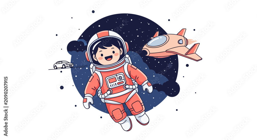 Fototapeta premium Cartoon Astronaut Floating In Space With Paper Airplane.