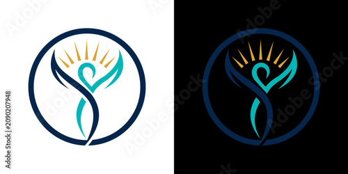 Bild auf Leinwand Abstract logo with an uplifting human figure, arms open, within a circle, illumi