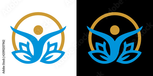 Tableau sur toile Abstract blue and gold human figure with lotus elements in a circular design, em