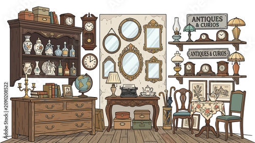 Tableau sur toile Vintage Antiques Shop Interior with Clocks, Vases, Mirrors, and Furniture