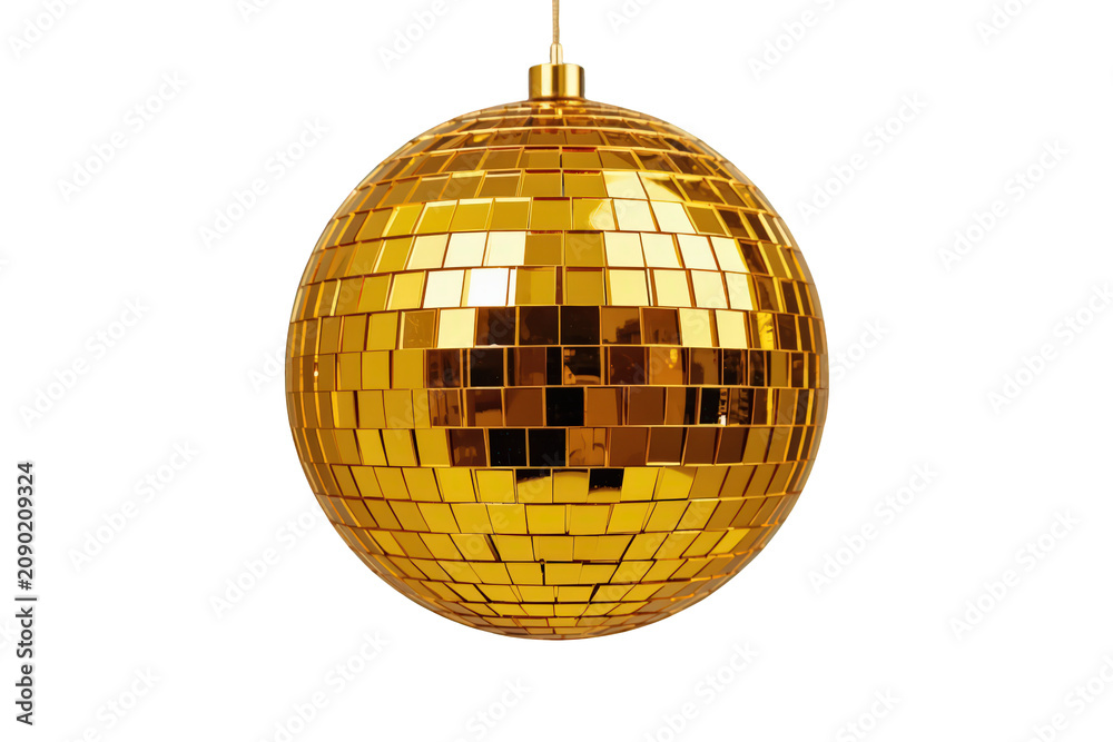 Obraz premium Shiny gold disco ball hanging, reflecting light, celebrating party night, festive mirror sphere concept on transparency