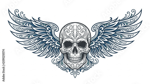 Foto Ornate Skull With Elaborate Wings Tattoo Design.