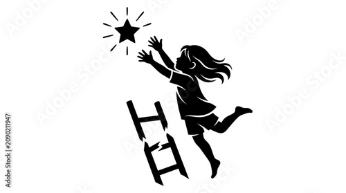 Billede på lærred Child Reaching for Star Above Broken Ladder, Symbolizing Ambition and Overcoming