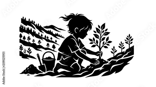 Canvas Print Child planting tree silhouette, environmental care, nature conservation, refores
