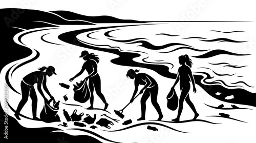 Fotografie People cleaning beach, collecting plastic waste into bags, environmental protect