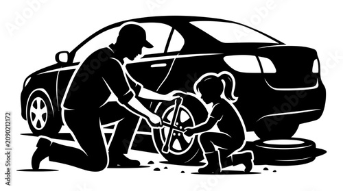 Foto Father Teaching Daughter Tire Change