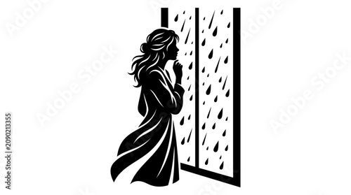 Fotografía Silhouette Woman Looking Out Window at Rain