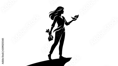 Cuadro en lienzo Silhouette of Woman Holding Bird and Bag on Cliff Edge