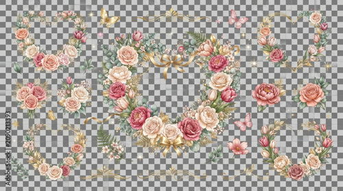 Bild auf Leinwand Elegant floral wreaths and decorative elements collection featuring pastel roses