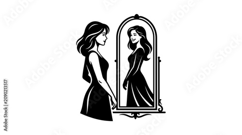 Photos Woman in Black Dress Admiring Her Reflection in an Ornate Mirror