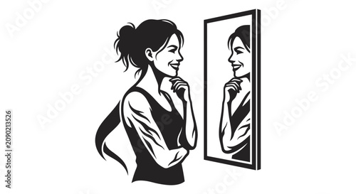 Cuadro en lienzo Woman Admiring Reflection in Mirror, Self-Esteem, Confidence, Positive Self-Imag