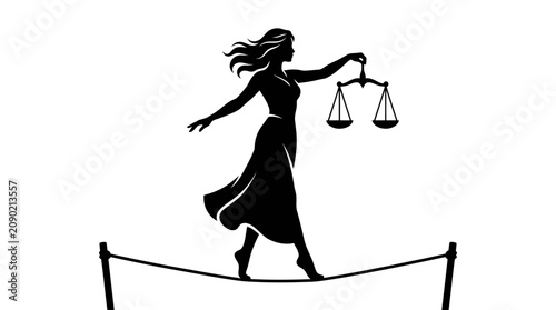 Foto Silhouette of woman balancing scales of justice on tightrope, symbolizing legal