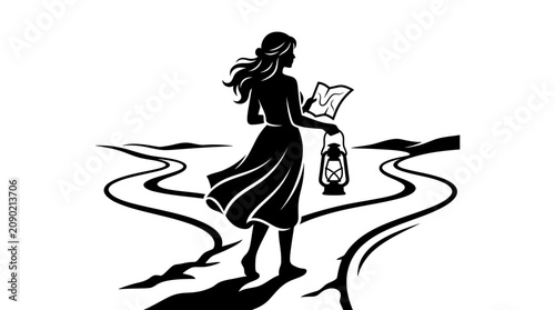 Photos Woman with Lantern and Map at Crossroads Silhouette