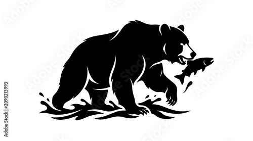 Fotografie Silhouette of a grizzly bear catching a salmon in water, black and white graphic
