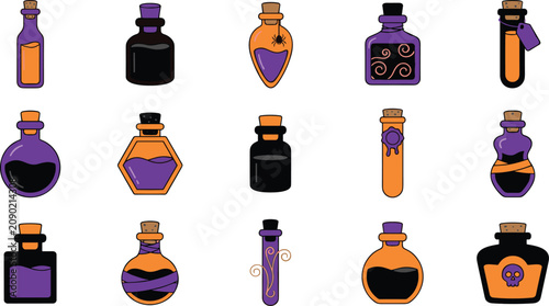 Foto Halloween witch potion bottles and magic elixir flasks vector icon bundle with o