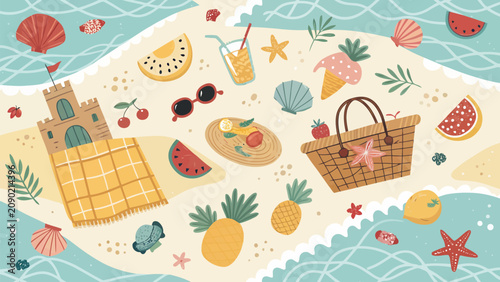Vibrant seaside picnic themed vector background with tropical fruits with elements picnic accessories set against sandy