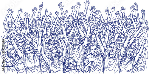 Excited cheering crowd with raised hands a dynamic hand-drawn sketch illustration perfect for events celebration or community concepts