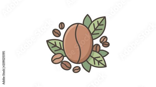 Tableau sur toile Coffee Bean Icon with Leaves - Fresh Aroma and Natural Ingredients