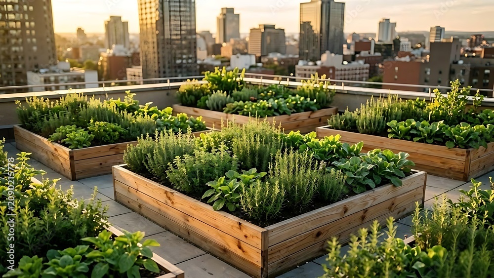 Fototapeta premium Urban Rooftop Vegetable Garden in Wooden Planters with City Skyline Background