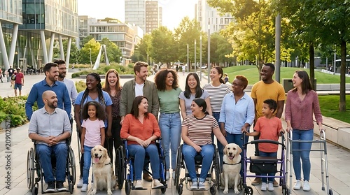 Diverse group of people of all abilities and ethnicities gathered outdoors