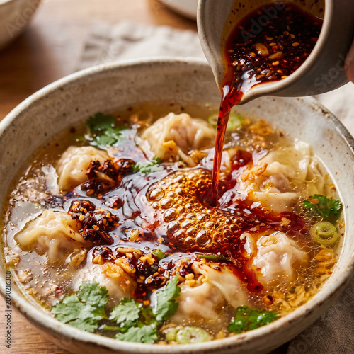 Spicy Wonton Soup with Chili Oil and Cilantro, Asian Cuisine
