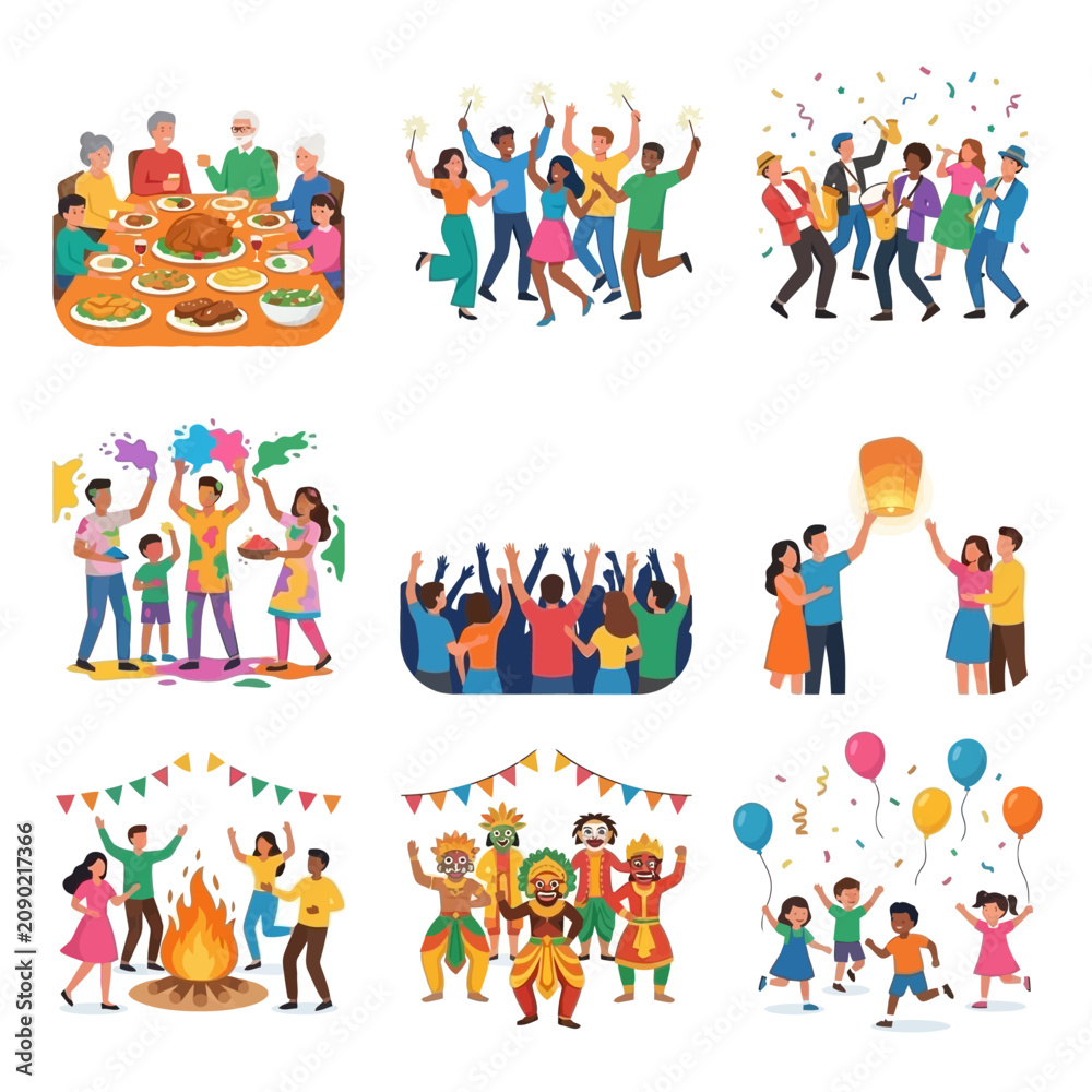 Fototapeta premium A collection of diverse illustrations depicting people celebrating various festivals, holidays, and joyous occasions with family and friends.
