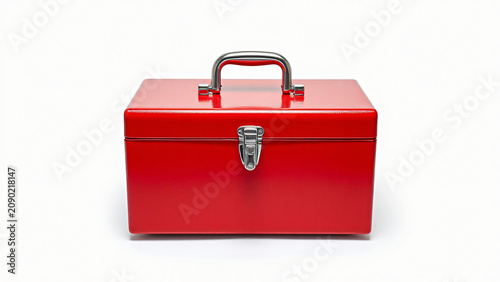 Red metal toolbox closed and isolated on pure white background, premium commercial product photography