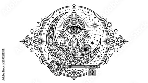 Konstfotografi Mystical Crescent Moon and All-Seeing Eye Symbol with Crystals and Key