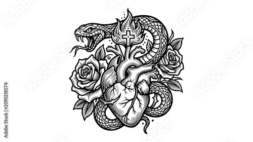 Schilderij op canvas Snake Coiled Around Heart, Roses, and Flaming Cross - Tattoo Art