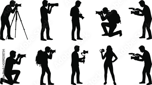 Bild auf Leinwand Professional Photographer and Cameraman Silhouette Icon Set Featuring Media Repo