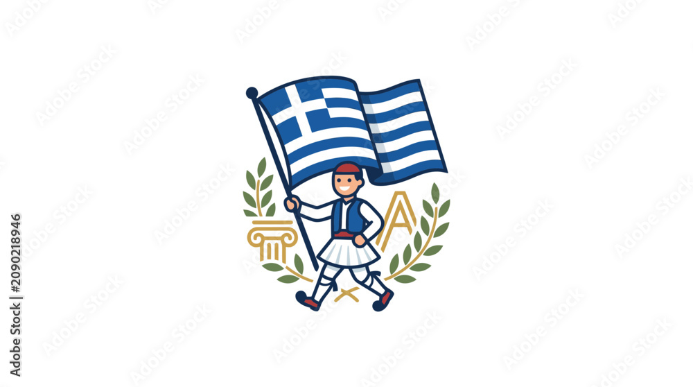 Obraz premium Traditional Greek Evzone Soldier Marching with National Flag Illustration