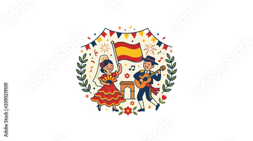Traditional Spanish Fiesta Dance with Flag and Guitar Illustration