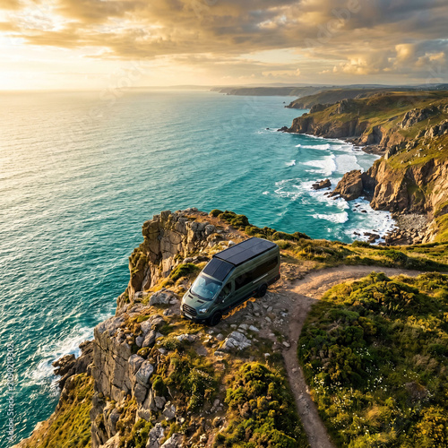 Campervan parked on cliff edge overlooking ocean at sunset, dramatic coastal landscape
