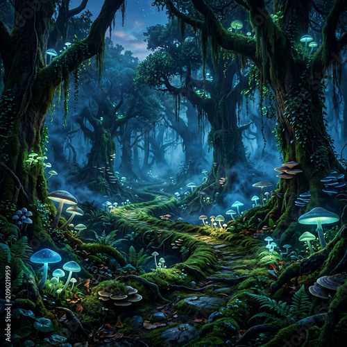 Enchanted Forest Path with Bioluminescent Mushrooms