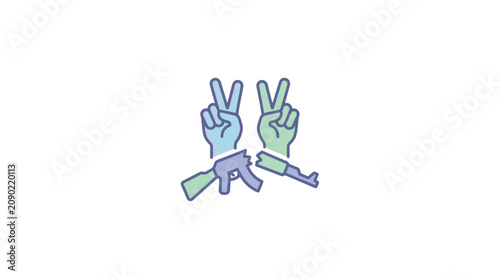 Konstfotografi Peace Hands Victory Symbol Over Broken Rifle Gun, Concept of Peace