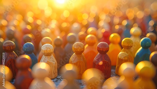 Wooden peg people in warm golden light with shallow depth of field, representing diversity, unity, inclusion and community togetherness.