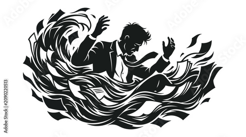 Quadro su tela Businessman drowning in papers, overwhelmed by workload, stress concept
