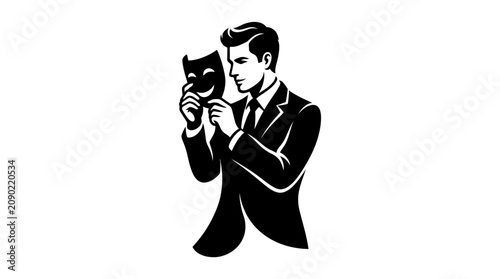Photography Businessman holding a smiling mask, hiding true emotions, duality, deception