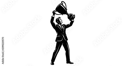 Photos Businessman holding trophy aloft, celebrating victory, success, achievement, leadership, winning concept